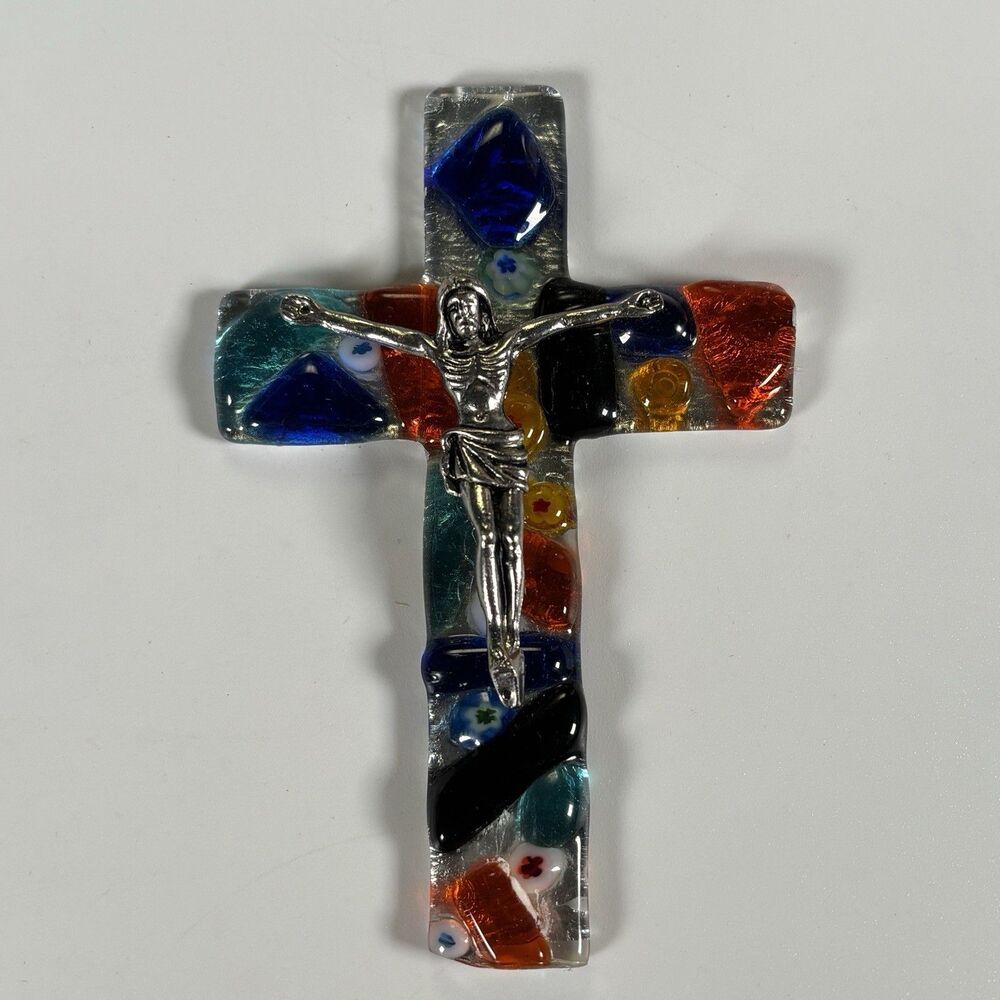 Colorful Fused Glass Crucifix Wall Cross w Metal Corpus Christian Art 5”